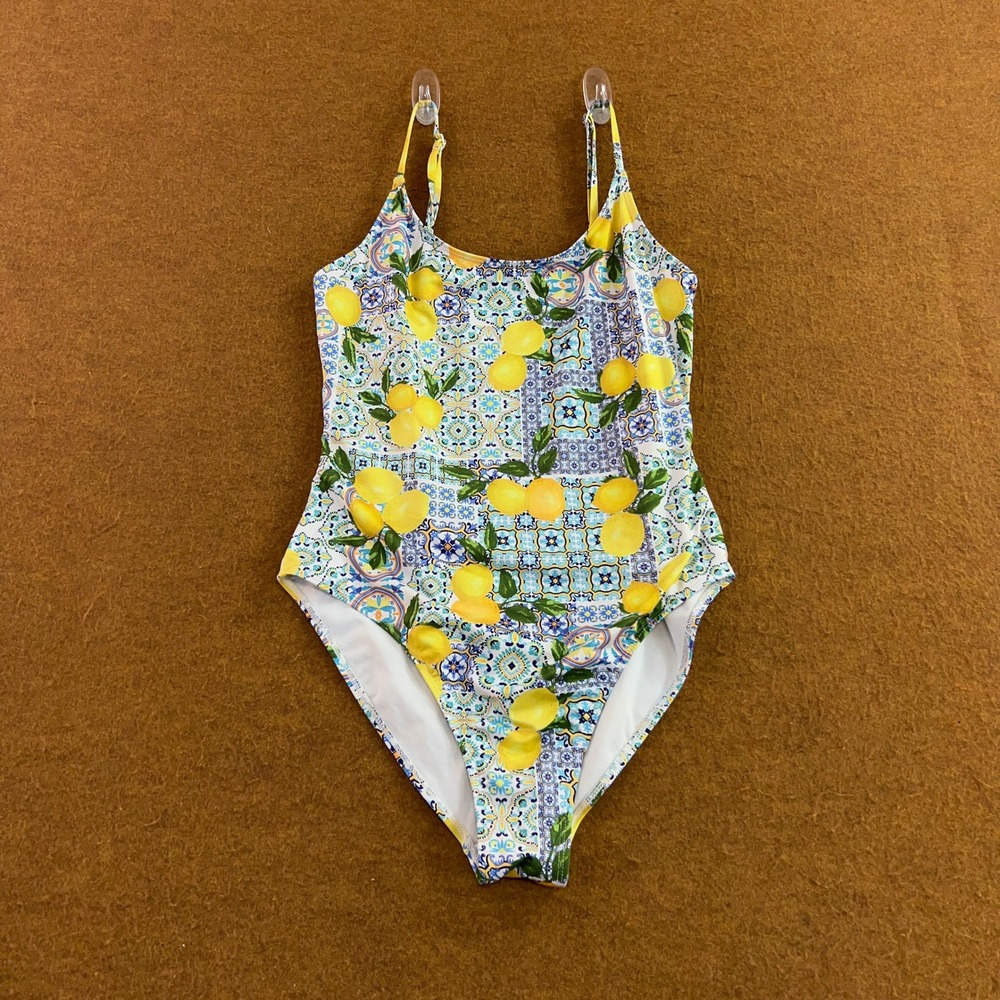 Primark Womens 8 Blue Yellow Lemon Tile Print One Piece Swimsuit